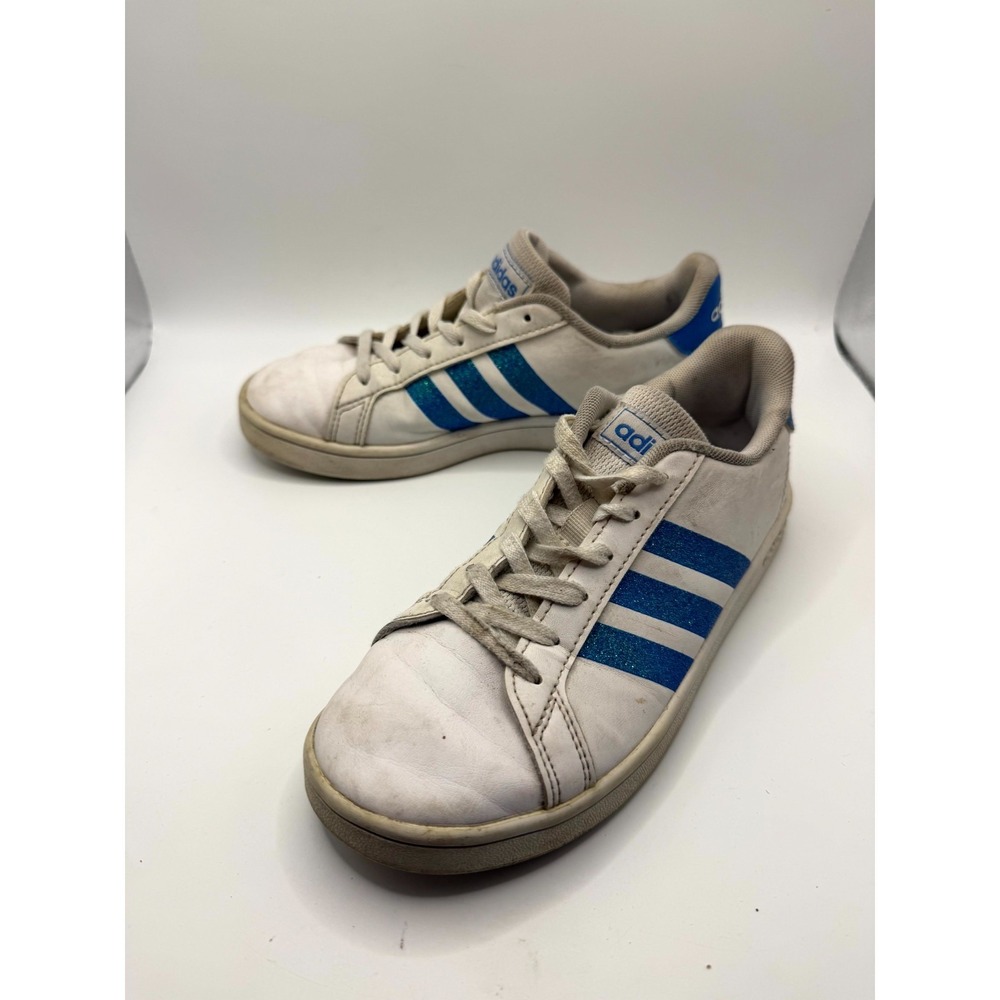Adidas Grand Court J EG5135 Girls 2 Sneaker White Blue Glitter Leather Shoes
